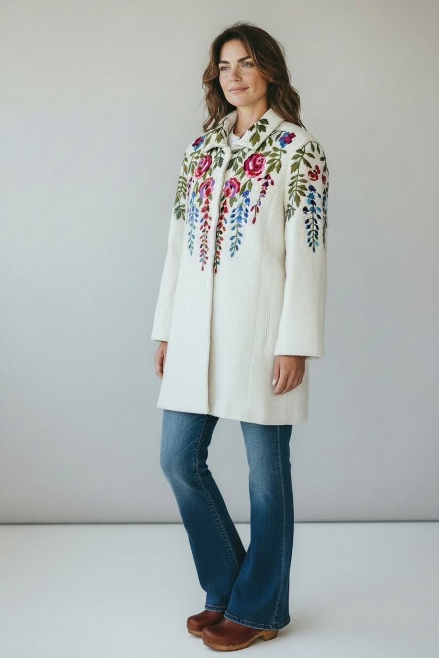 Linea By Louis Dell'Olio Vtg Ivory Wool Blend Floral Embroidered Boho Teddy Coat